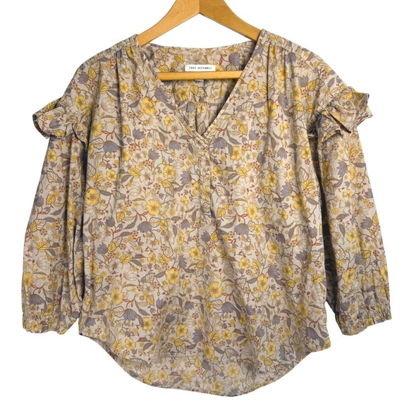 Free Assembly Tops - Free Assembly Womens Floral Ruffle V-Neck Blouse Yellow Purple‎ Cotton Small